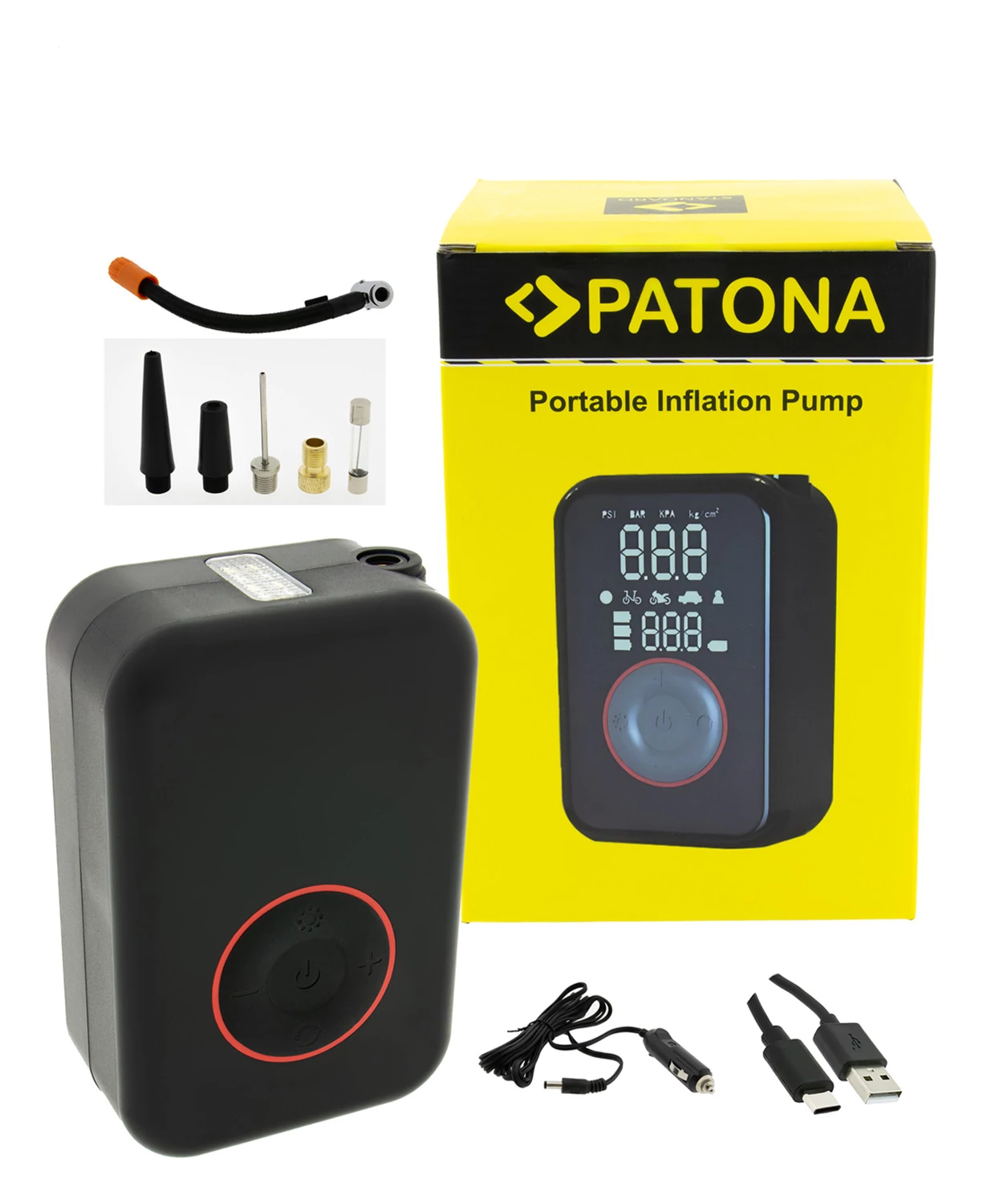PATONA elektrická vzduchová pumpa 10,3 bar 150 PSI prenosný batériový kompresor LED svetlo SOS svetlo power banka pre auto e-bike motocykel vrátane tašky