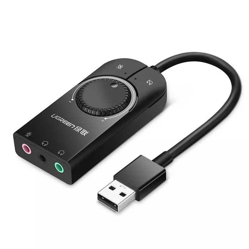 Ugreen külső USB hangkártya 3.5mm mini jack hangerőszabályzóval 2 porttal 15cm - Fekete (40964)