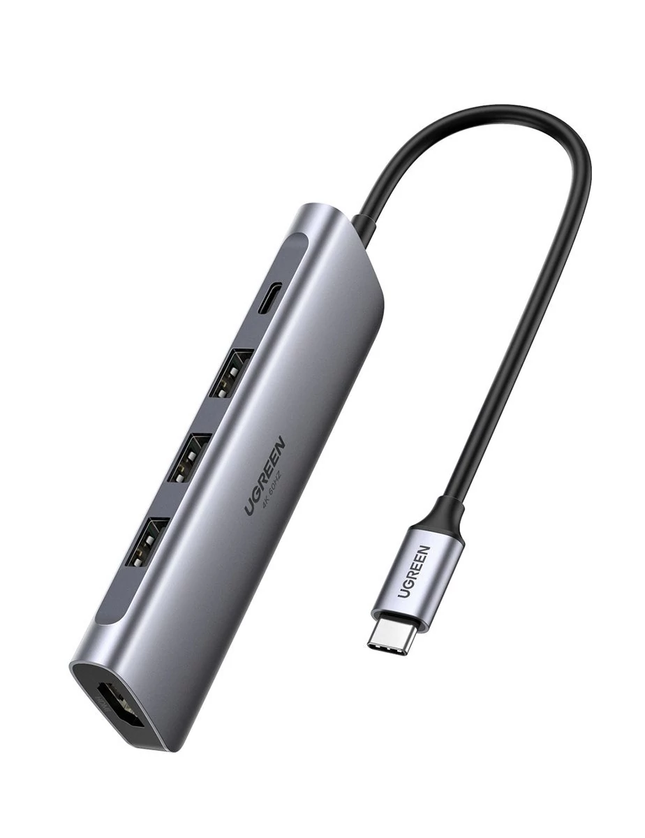 Adaptér 5v1 Ugreen Hub USB-C- 3x USB 3.0 HDMI 4K USB-C PD 100W (sivý)