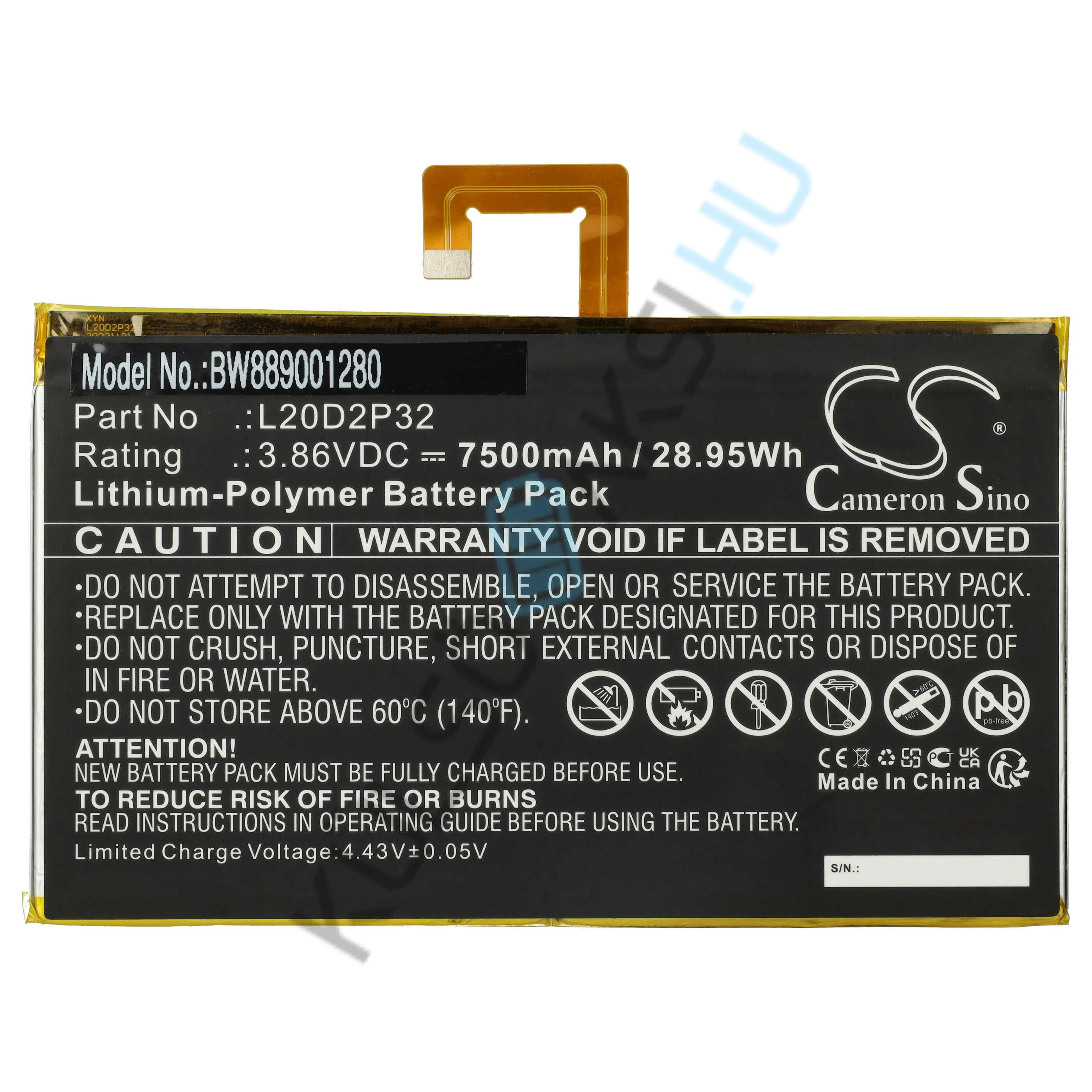 VHBW Tablet Battery Replacement for Lenovo L20D2P32 - 7500 mAh 3.86 V Li-polymer